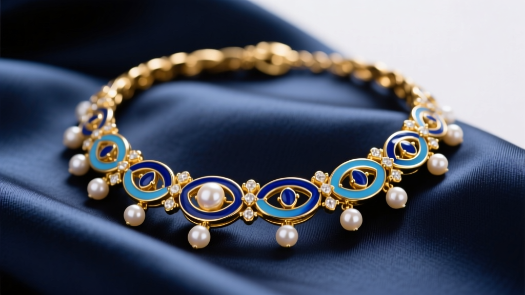 Gold necklace with blue enamel and pearl accents on navy silk, shot under soft studio lighting in a detailed, close-up macro view