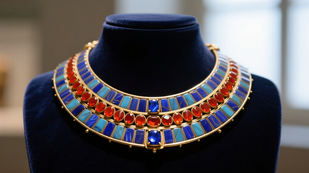 Close-up of a broad Usekh collar necklace with lapis lazuli and carnelian inlays resting on a dark velvet display bust.