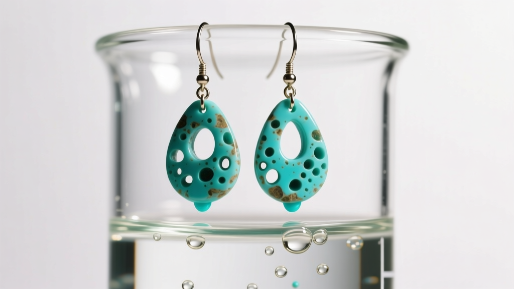 Porous turquoise drop earrings submerged in a glass beaker of clear alcohol, showing color leaching under warm studio lighting.