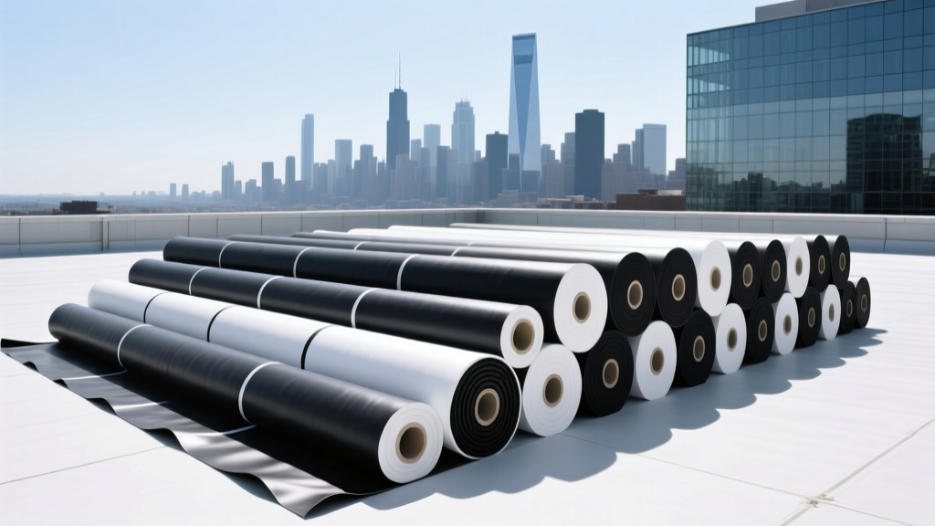 Rolls of black and white EPDM roof material stacked on a flat commercial rooftop with a city skyline under bright sunlight