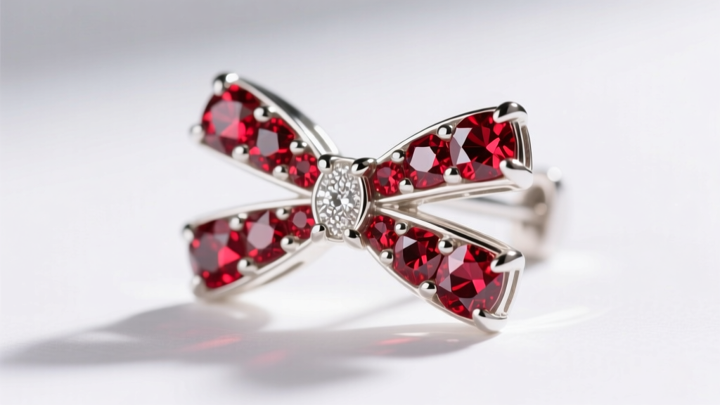 Extreme close-up of a red spinel gemstone pavé setting on a white gold bow earring, showing prong tension and metal polish