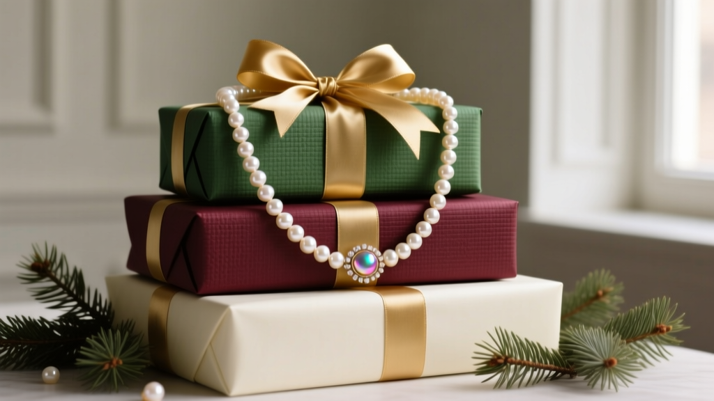 A beautifully restored vintage faux pearl necklace draped over a stack of wrapped holiday gifts with gold ribbon and pine branches