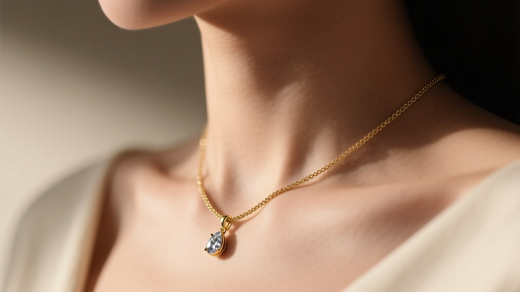 Gold lariat necklace on a collarbone, soft moody lighting highlighting the delicate 1mm chain and a small teardrop diamond pendant