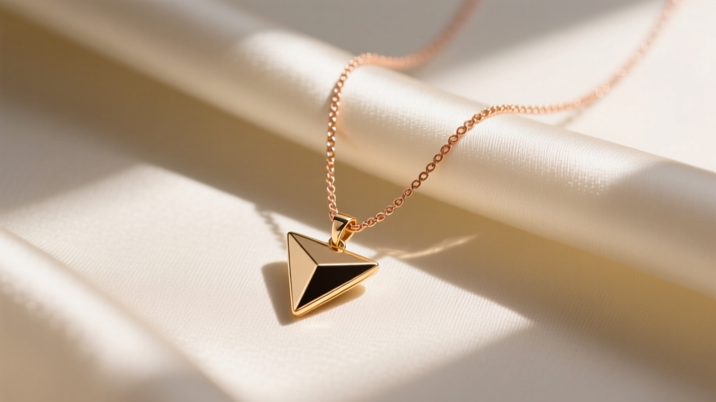 Flat lay of a gold triangle necklace on a 14k rope chain resting on cream silk with soft morning light casting geometric shadows