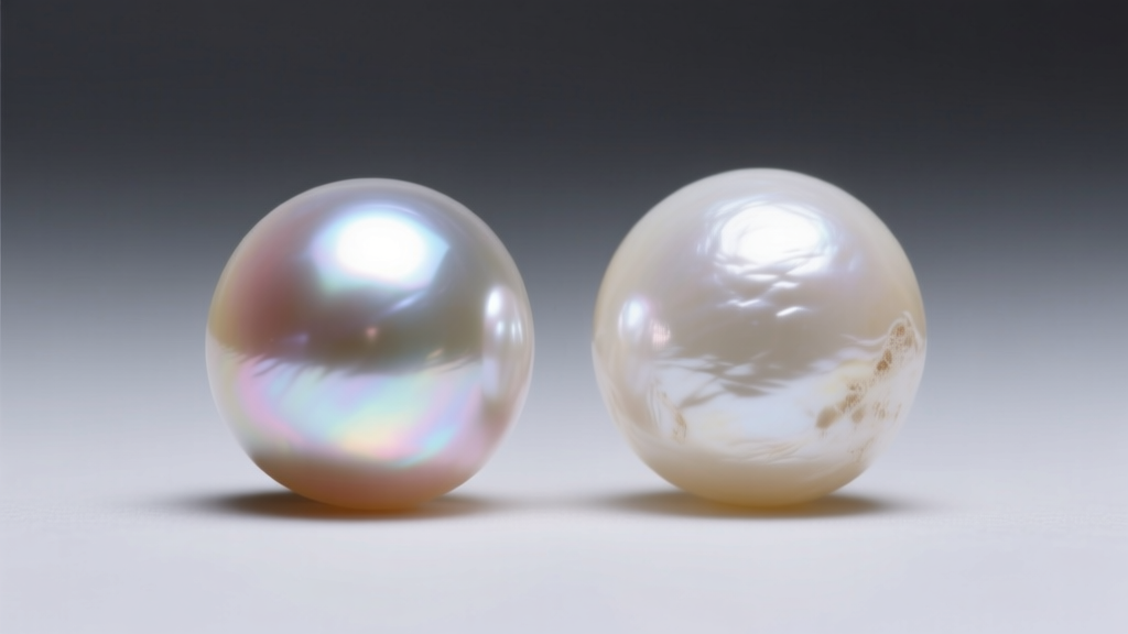 Macro view of a lustrous Akoya pearl beside a chalky low-grade freshwater pearl under harsh directional studio lighting.