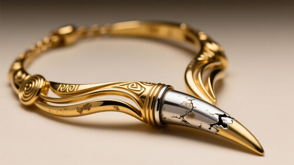 Close-up of a gold vermeil Africa necklace showing silver wear on the sharp eastern horn tip after months of daily friction.