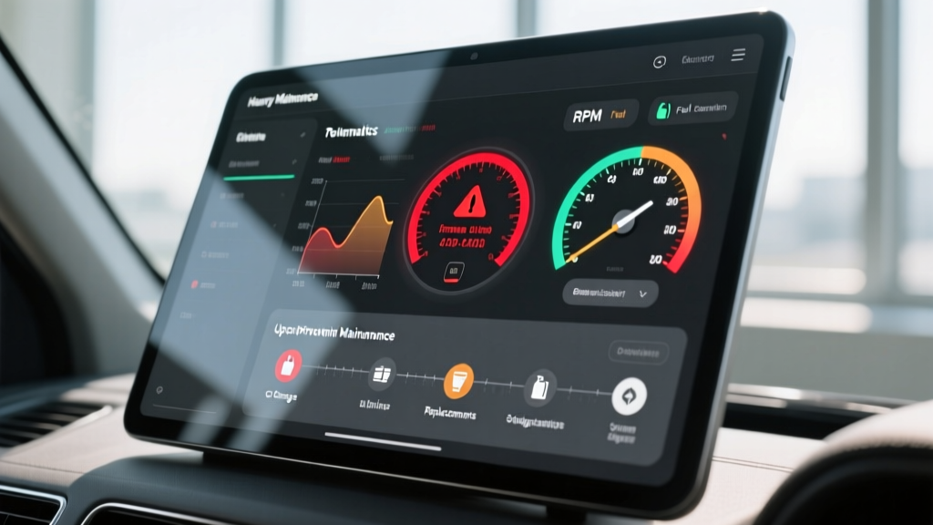 Dashboard view of a heavy equipment maintenance app showing real-time telematics data, engine fault codes, and upcoming preventive maintenance schedules