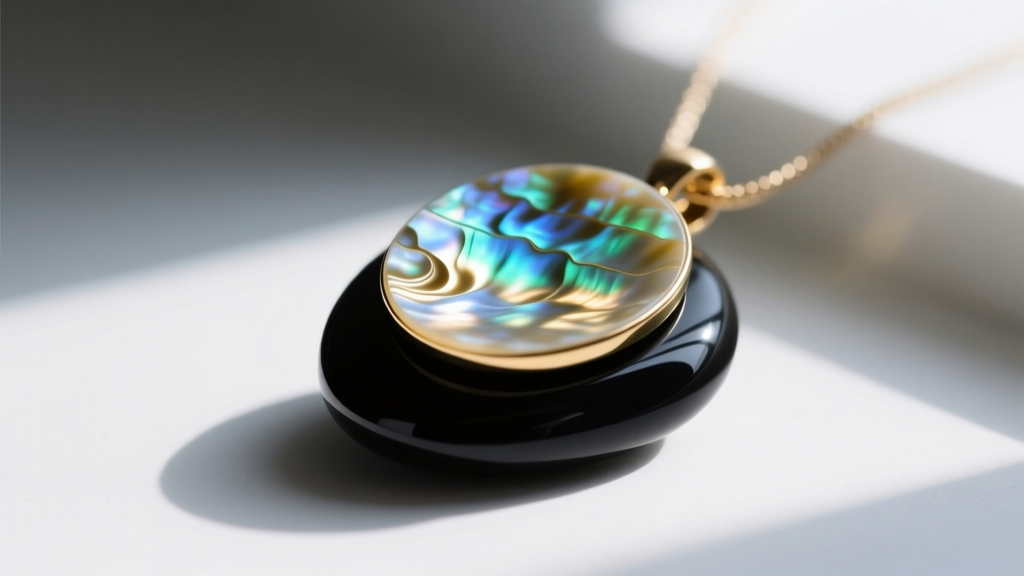 Macro view of a mother of pearl pendant edge inspected with a loupe, revealing layered nacre and a solid dark onyx backing stone.