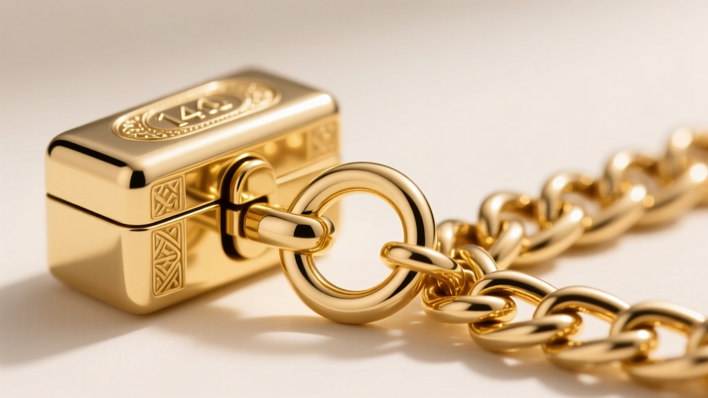 Extreme close-up of a heavy-duty 14k gold locking box clasp with a figure-8 safety catch securing a thick charm necklace