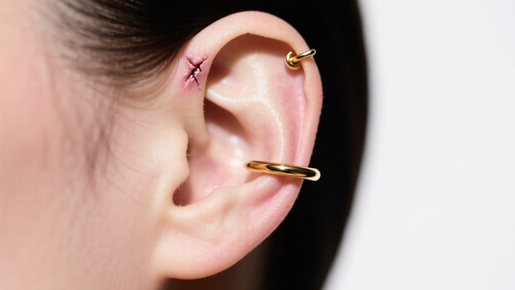 Side profile of an ear showing a healed upper helix piercing with a 16-gauge solid 14k gold seamless hoop, natural daylight
