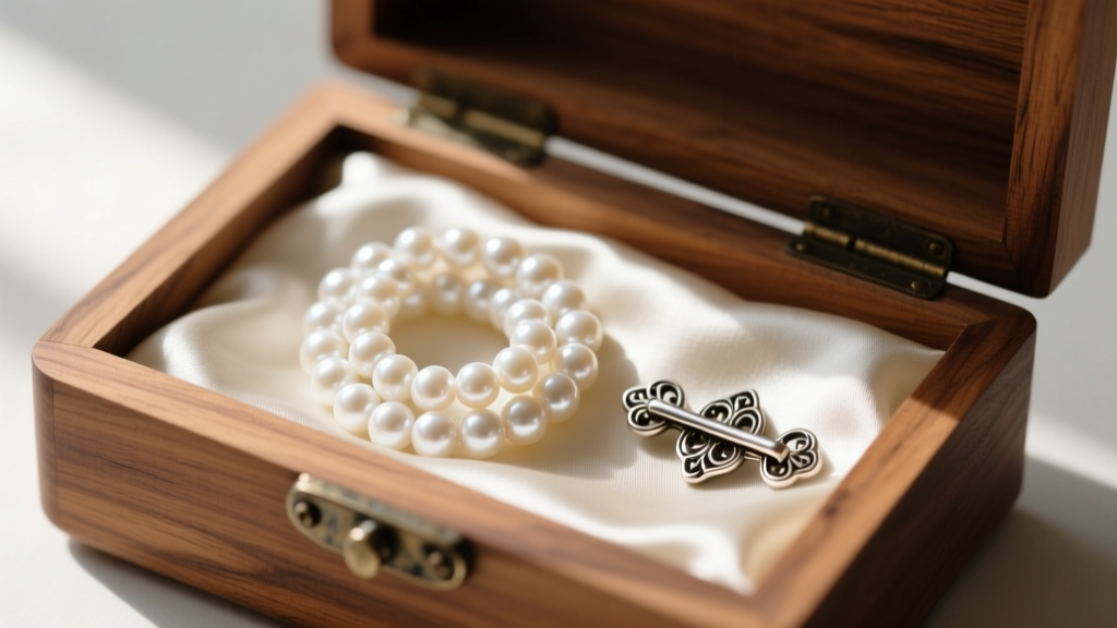 Open cedar box lined with raw silk, containing a neatly coiled strand of white Akoya pearls next to a vintage silver toggle clasp