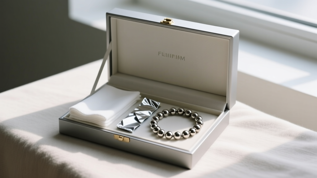 Jewelry box featuring anti-tarnish strips, a folded polishing cloth, and a coiled stainless steel military ball chain necklace.