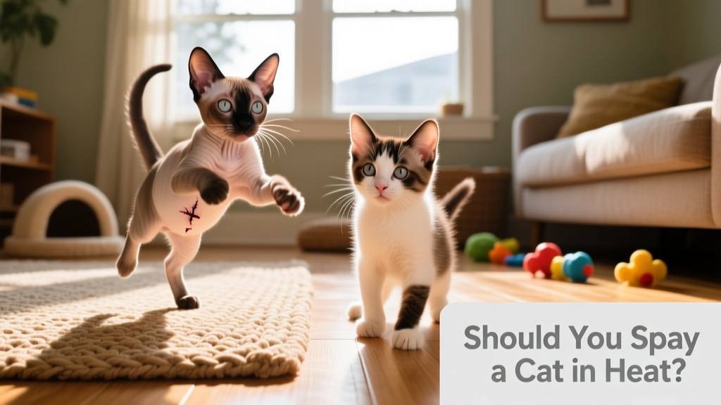 Two kittens playing side-by-side—one spayed, one unspayed—with visual cues indicating long-term health benefits of early spaying