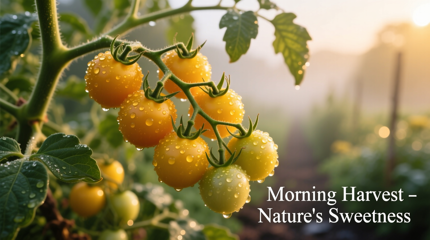 Yellow cherry tomatoes on vine with morning dew