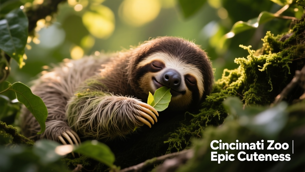 Sloth resting motionless among green foliage, nearly invisible against the background