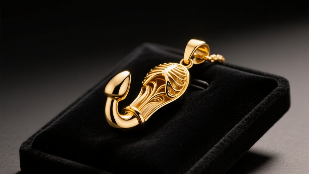 Polished 14k yellow gold anatomical phallic pendant resting on dark velvet display pad under warm, directional studio lighting.