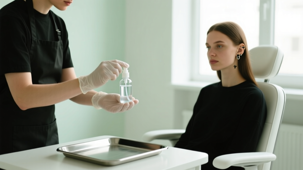 A professional piercer in a clean studio handing a small glass bottle of sterile saline aftercare spray to a client.