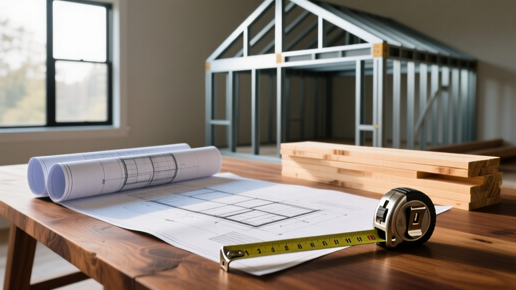 Architectural blueprints spread over a wooden table next to a modern home framing skeleton with stacked lumber and a tape measure in the foreground