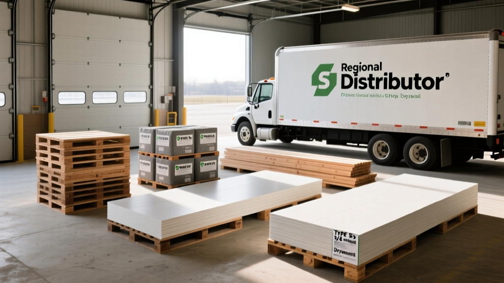 Commercial construction site with pallets of Type S mortar, 5/8-inch drywall, and structural lumber staged near a regional distributor delivery truck