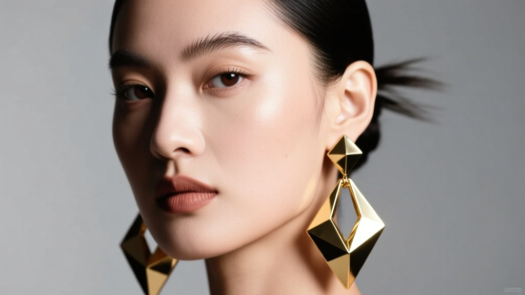 Close-up of a model wearing oversized, hammered gold geometric drop earrings with a sleek, pulled-back modern hairstyle, studio lighting.