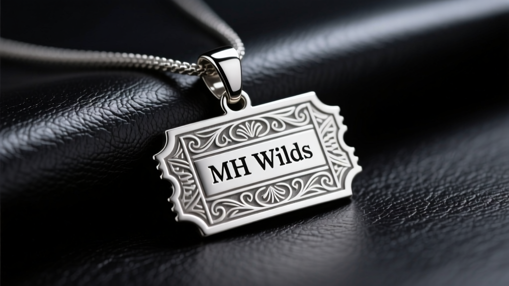 Silver MH Wilds ticket pendant on dark leather, showing engraved details and metallic sheen under soft studio lighting.