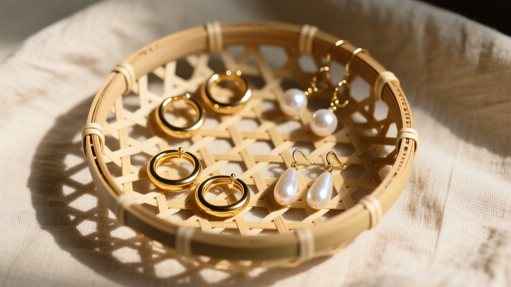 Top view of a bamboo crochet earring holder displaying delicate gold hoops and pearl drops resting on a beige linen cloth surface