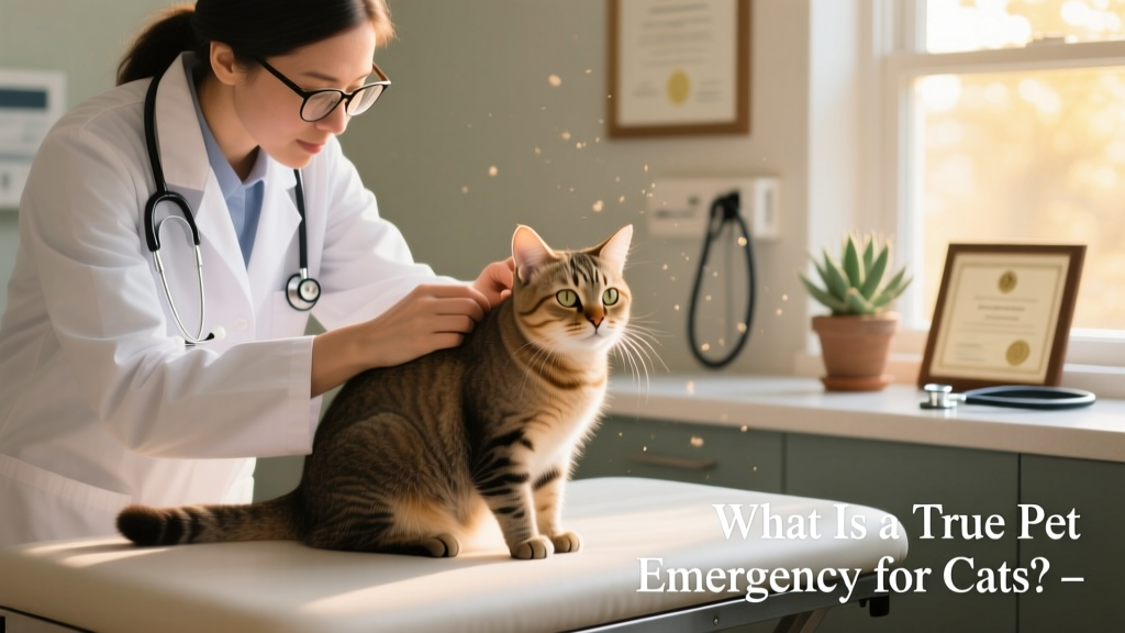 Veterinarian gently examining a relaxed cat on an exam table, demonstrating calm, professional care