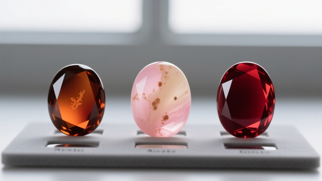 Three coral cabochons showing Moro, Rosato, and Oxblood color grades side-by-side against a neutral grey gemological grading mat