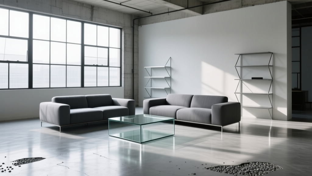 Modern industrial living room featuring highly polished silver-gray concrete flooring with exposed aggregate and minimalist furniture