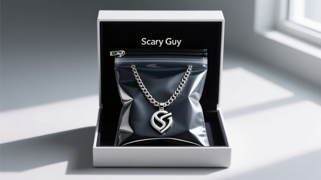 Organized jewelry box showing a stainless steel Scary Guy logo chain necklace stored inside a dark anti-tarnish ziplock bag.