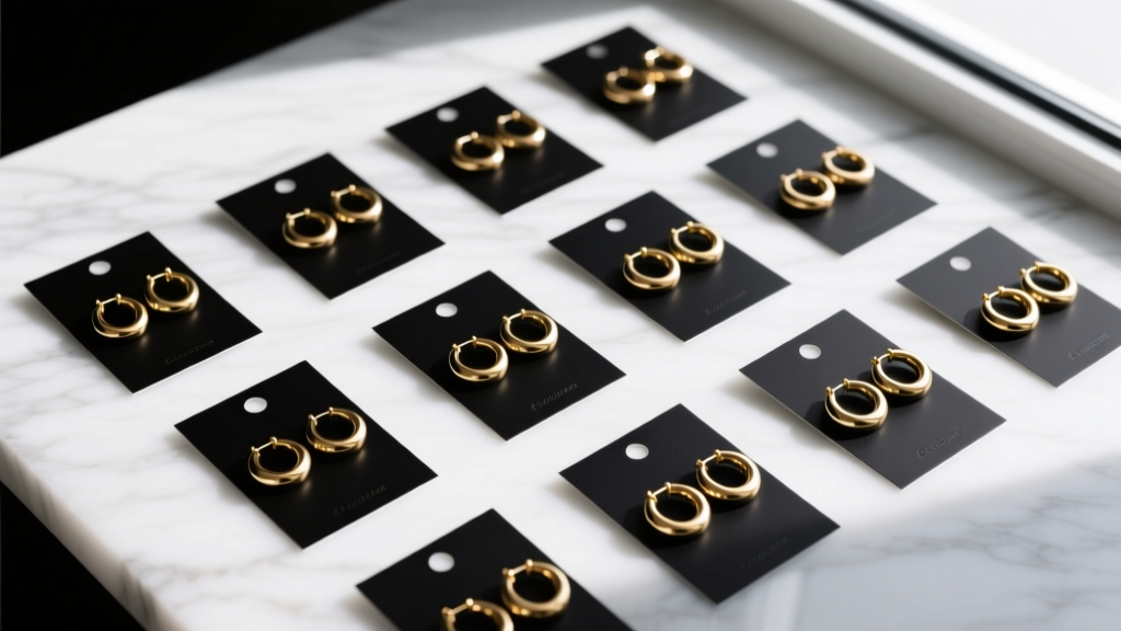 Top-down flat lay of 16pt matte black custom earring cards displaying gold huggie hoops on marble, soft studio lighting.