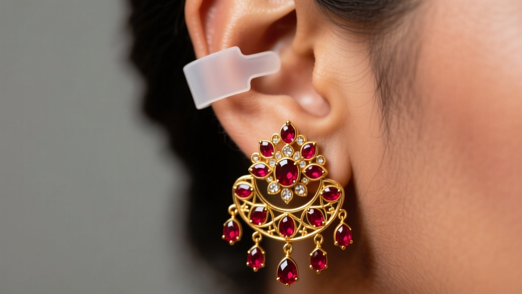 Silicone earlobe support patch holding a heavy gold and ruby Indian bridal earring on an earlobe under soft studio lighting