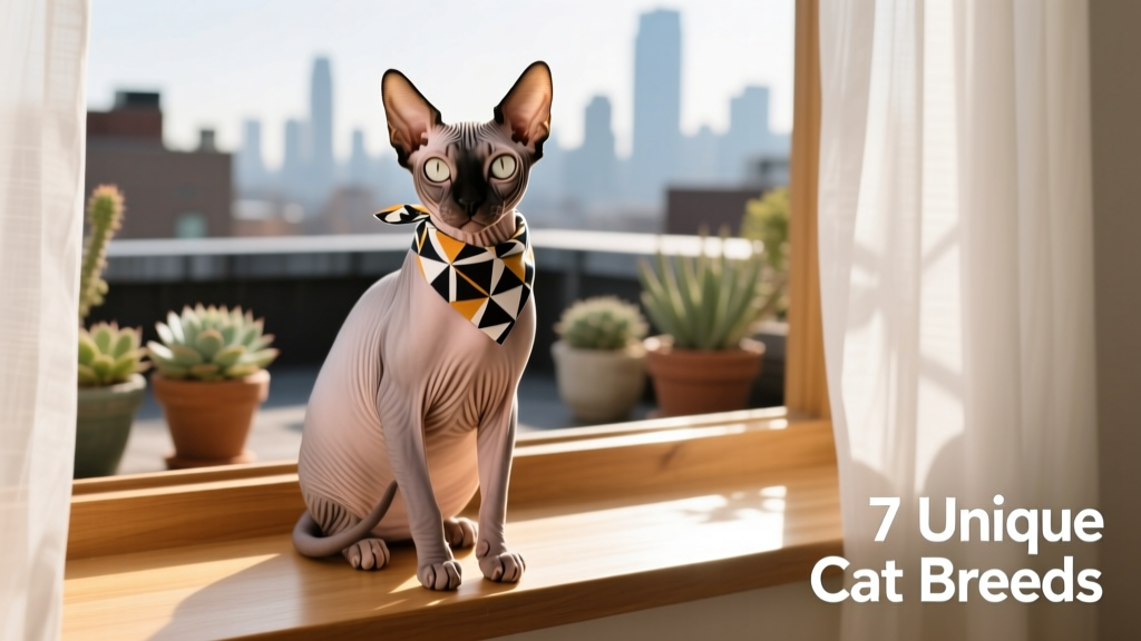 A Sphynx cat wearing a tiny bandana, sitting confidently on a sunlit windowsill
