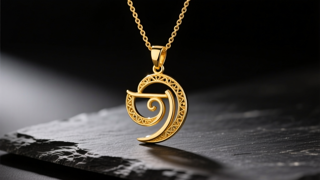 A polished 14k yellow gold chai symbol necklace on dark slate, lit by soft, warm directional studio lighting from the left side.