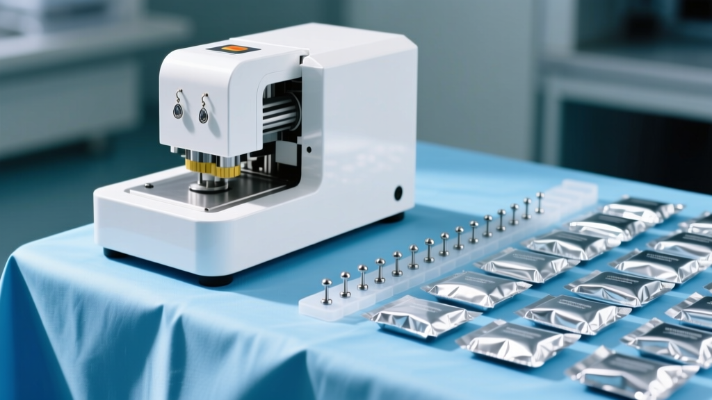 White cartridge-based earrings machine on a sterile blue drape beside sealed implant-grade titanium stud piercing cassettes.