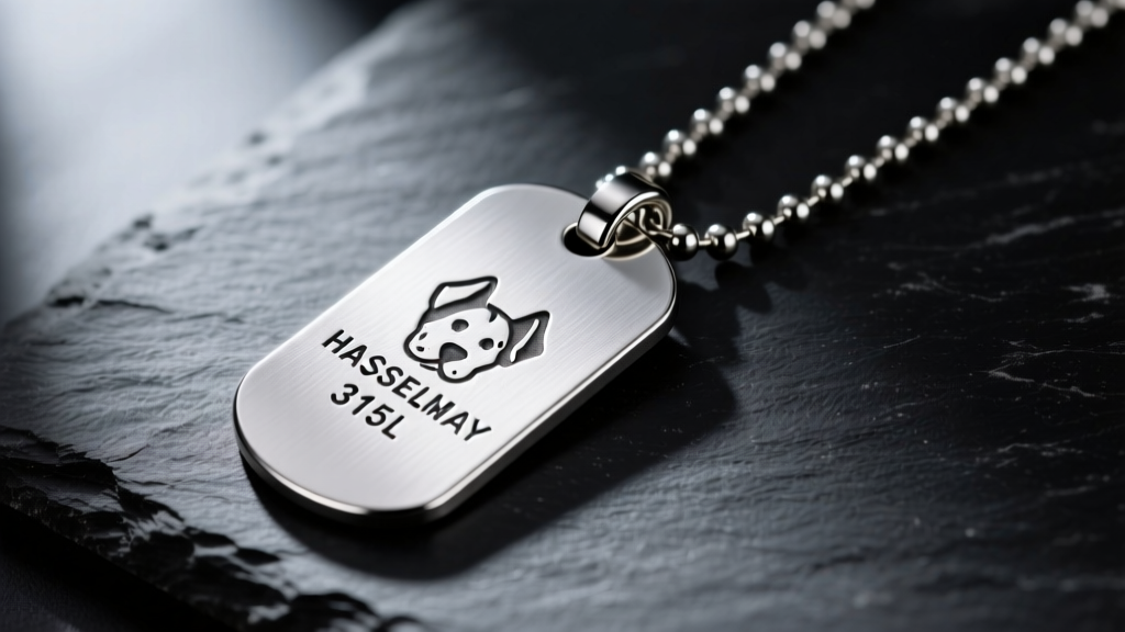 Brushed 316L steel military dog tag necklace on dark slate, showing crisp laser engraving and a sturdy ball chain clasp.