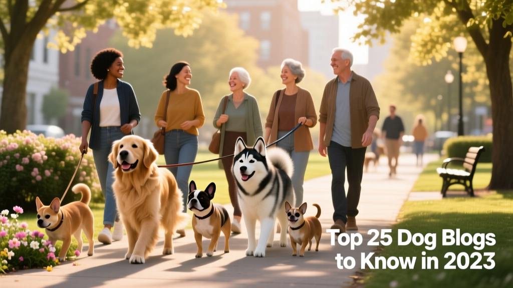 A diverse group of dogs and their owners enjoying a sunny community dog walk