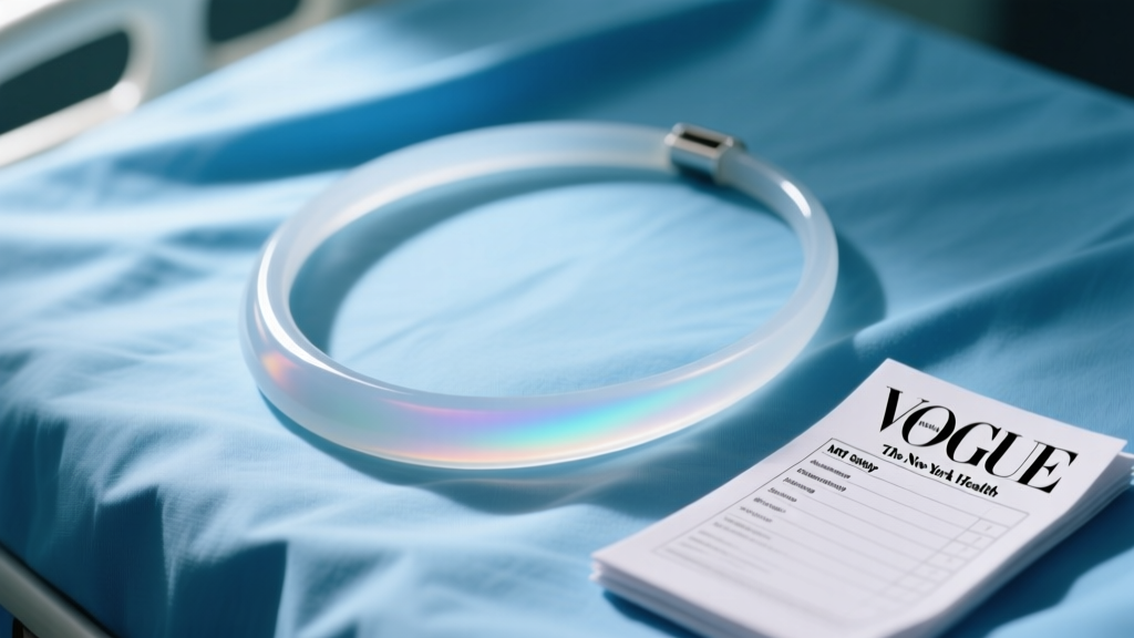 Close-up of a medical-grade silicone breakaway necklace resting on a sterile blue hospital drape next to an MRI safety checklist