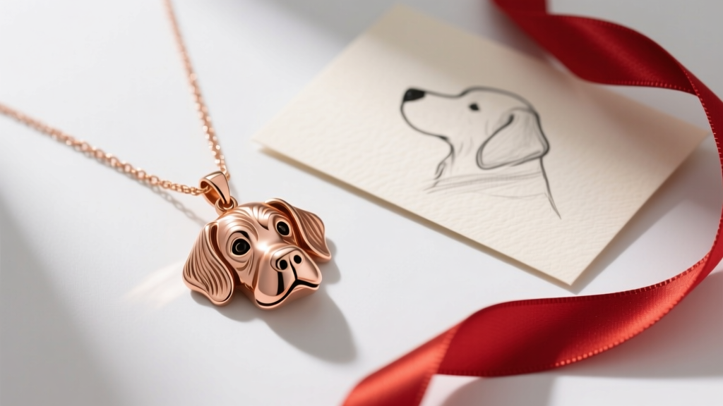 Overhead shot of a custom 3D dog nose print pendant necklace in rose gold beside a handwritten greeting card and red silk ribbon.