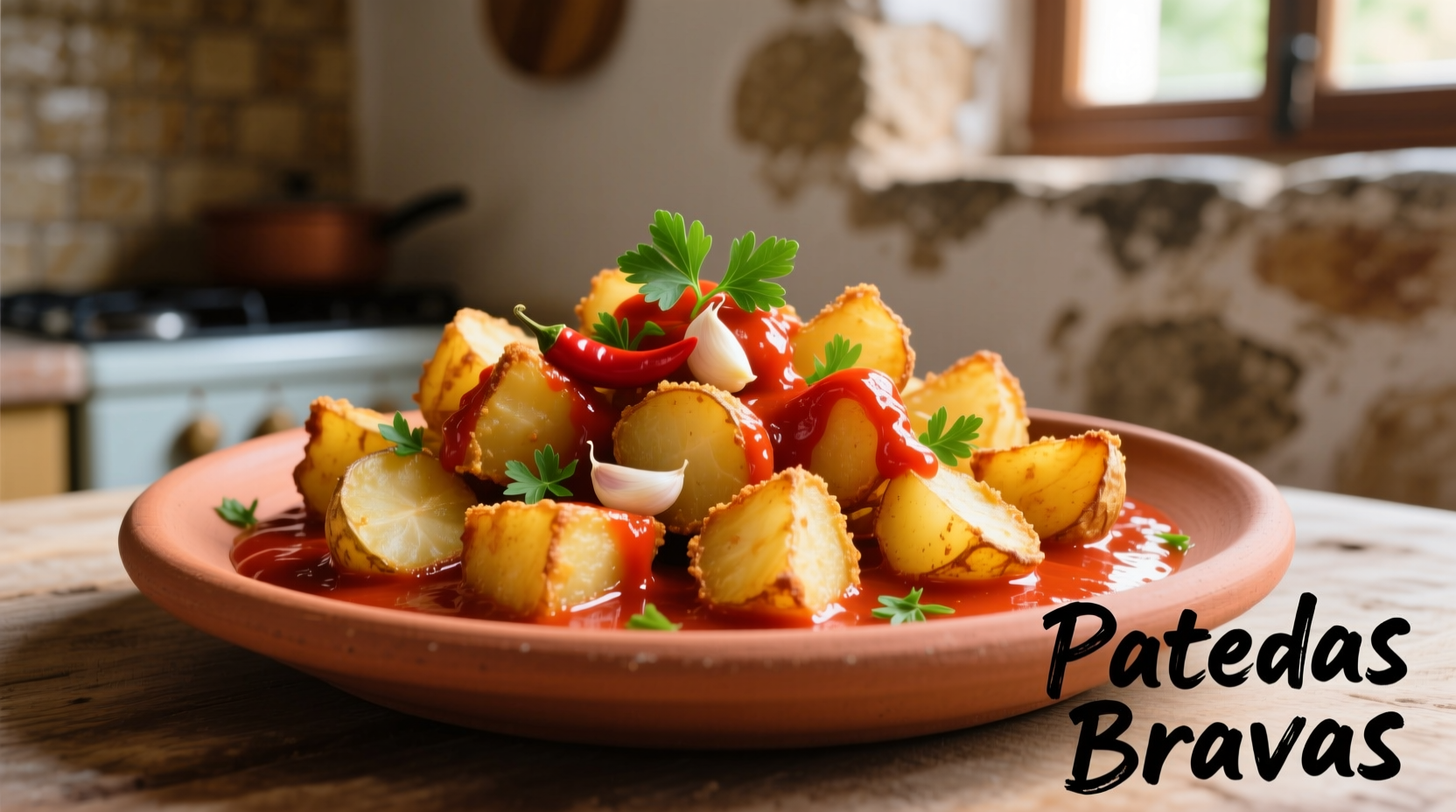 Traditional Spanish patatas bravas with spicy sauce