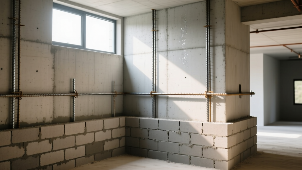 Cross-section of a residential basement showing poured concrete walls with rebar next to a stacked CMU block foundation