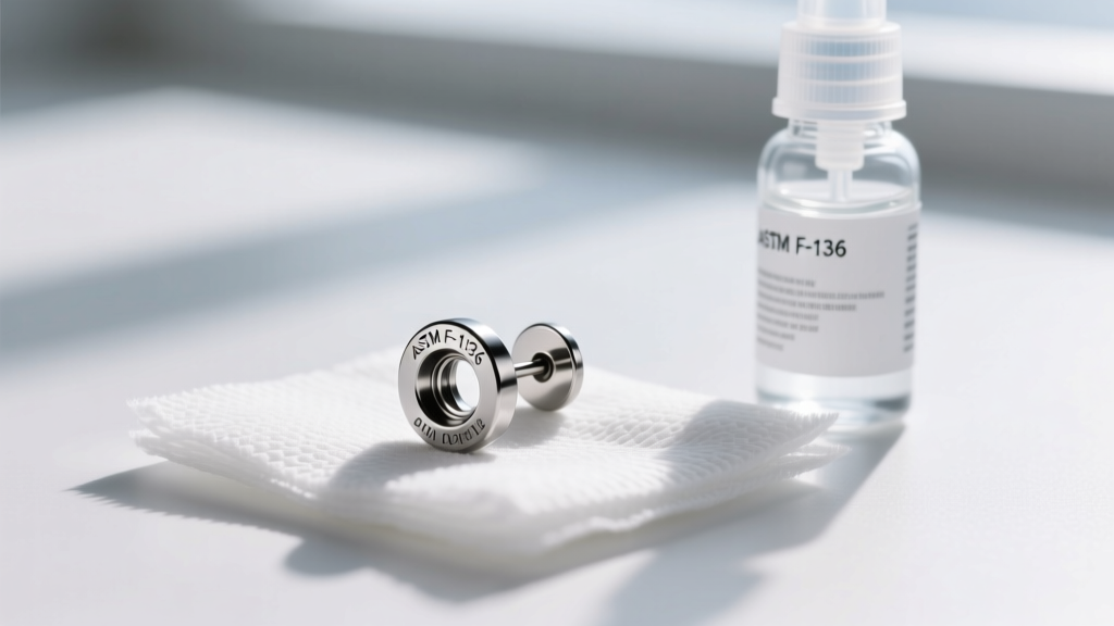 Macro shot of an ASTM F-136 implant-grade titanium threadless earring end resting on sterile gauze next to a saline spray bottle