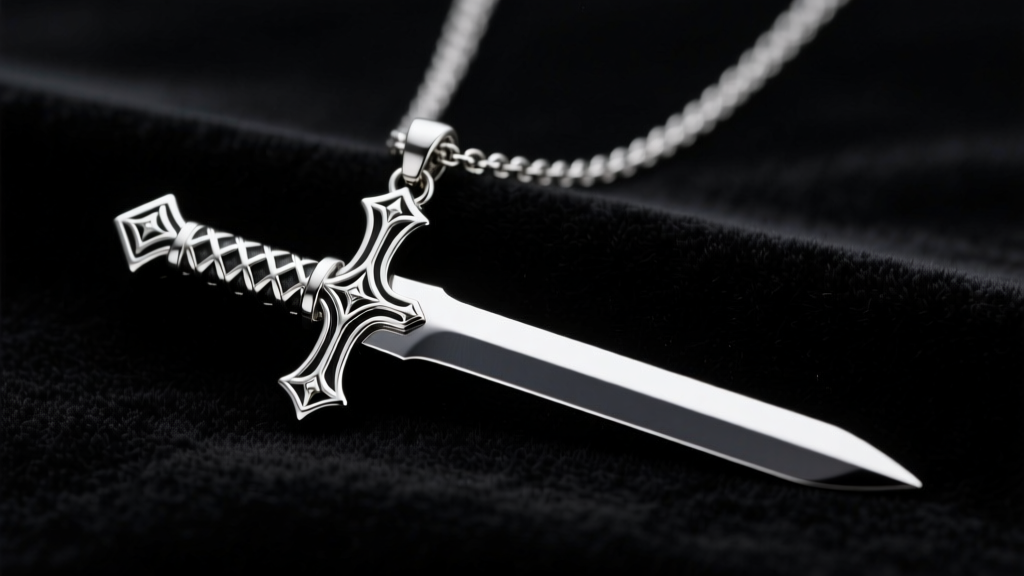 Stainless steel Mihawk Yoru sword necklace pendant on black velvet, showing the intricate cross-shaped hilt and dark metal blade.
