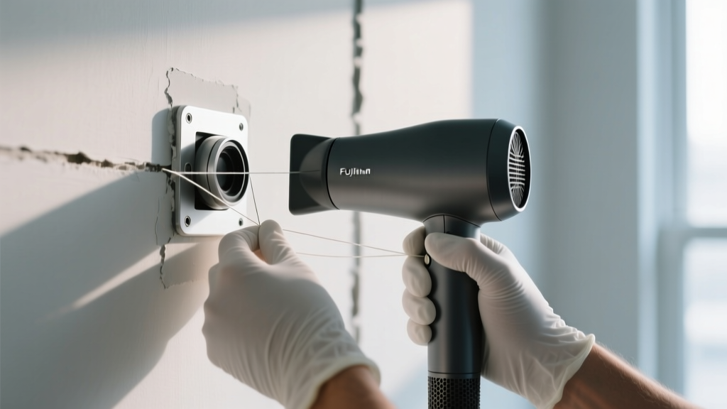 A person using a hairdryer and dental floss to safely remove a smart camera mounting plate from a painted drywall surface without peeling.