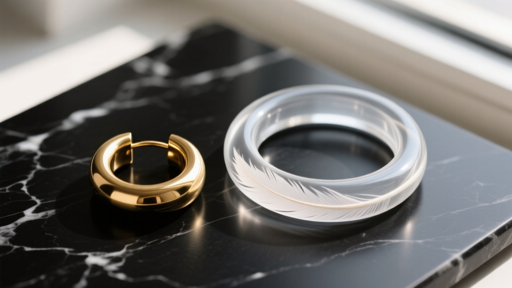 Macro top-down view of solid brass hoop earring next to featherlight clear acetate giant hoop resting on a dark marble surface.