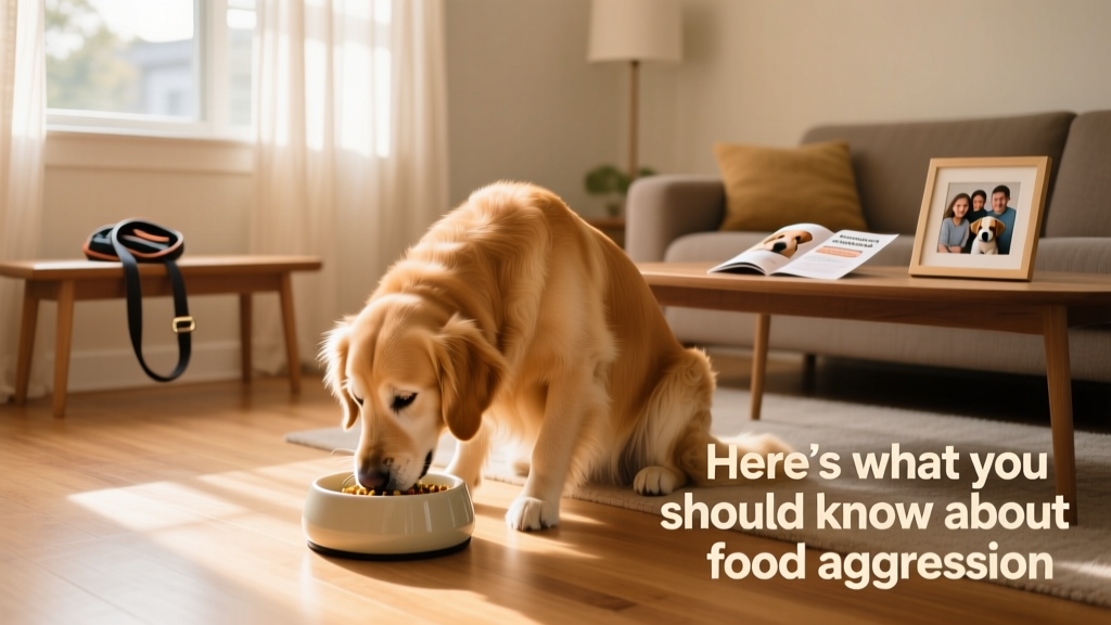 A calm dog eating from a bowl in a quiet, sunlit room