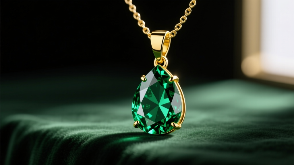 Macro shot of a pear-cut emerald drop necklace in 18k yellow gold resting on dark green velvet under soft lighting