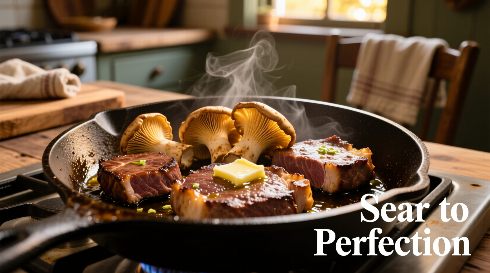 Golden brown lion's mane mushroom steaks in cast iron skillet