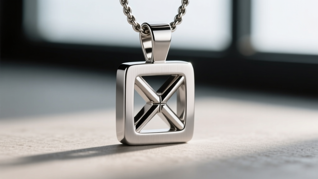 Macro shot of a 316L stainless steel square cross pendant bail, showing the laser-welded joint and brushed metal finish texture.