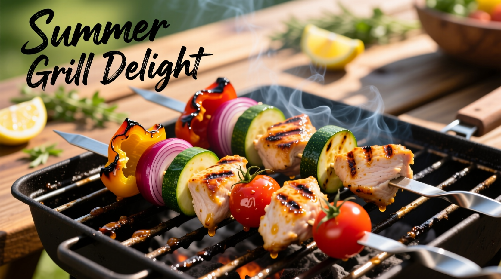 Colorful vegetable and chicken kebabs on grill